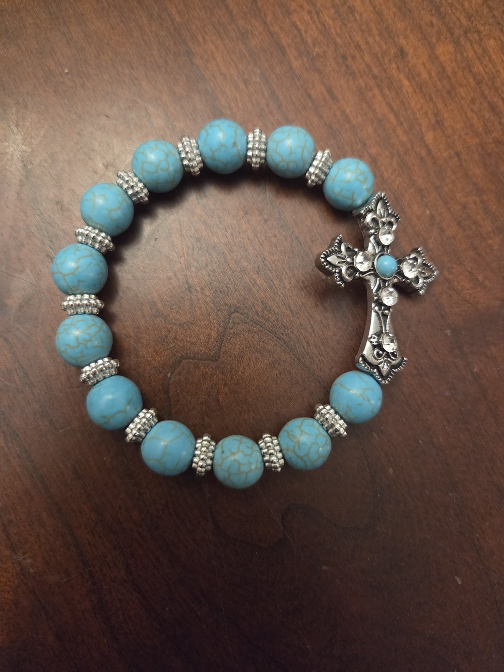 Turquoise Bead Cross Stretch Bracelet - Women Jewelry